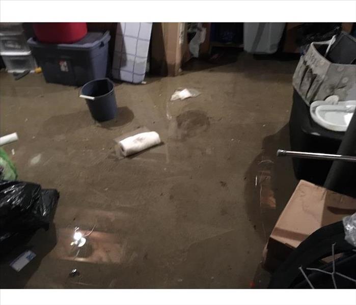 Basement with standing water with debris in the water