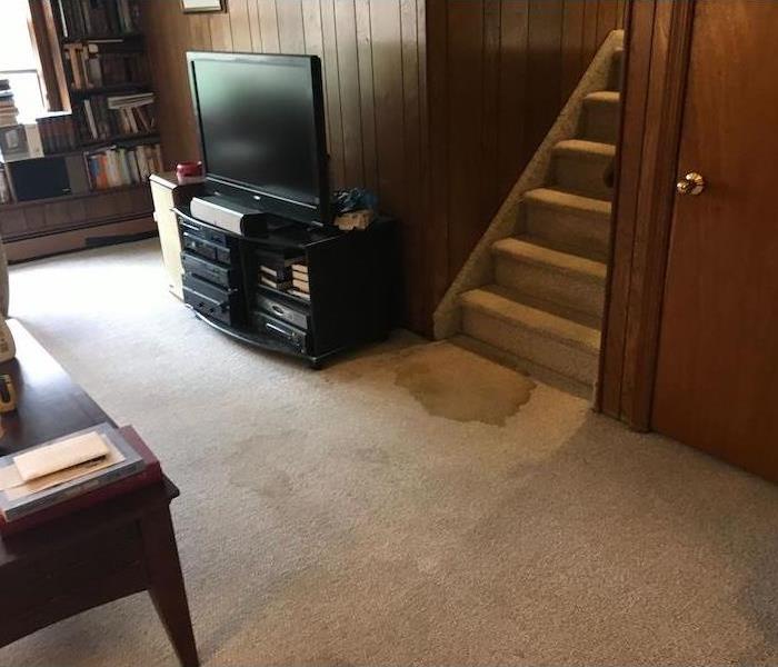 Finished basement with water stain on the carpet 